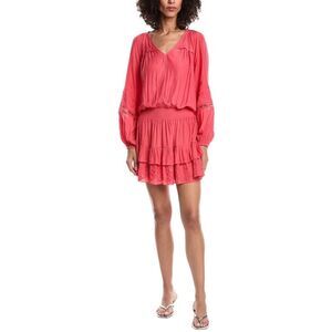 Ramy Brook Coral Red Cleo Mini Long Sleeve Dress Ruffles Size L Tiered Feminine